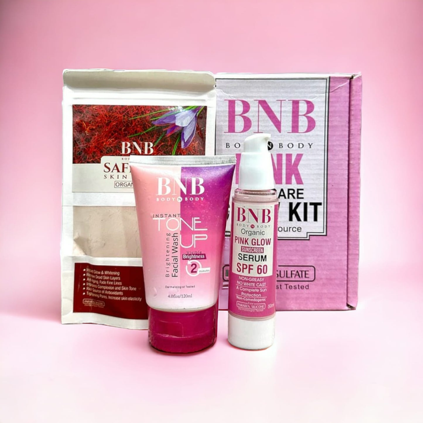 Pink Glow Kit ( Toneup Facewash + Saffron Mask + Pink Glow Sunscreen Serum Spf 60 )